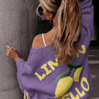 Women'S Lemon Print V-Neck Cardigan - Casual Elegant Fall Winter Sweater with Color Block Design, Soft Warm Pullover for Casual Attire, Versatile Layering Piece, Cozy Clothing | Vneck Sweater | Construction, Sweater Cardigan,