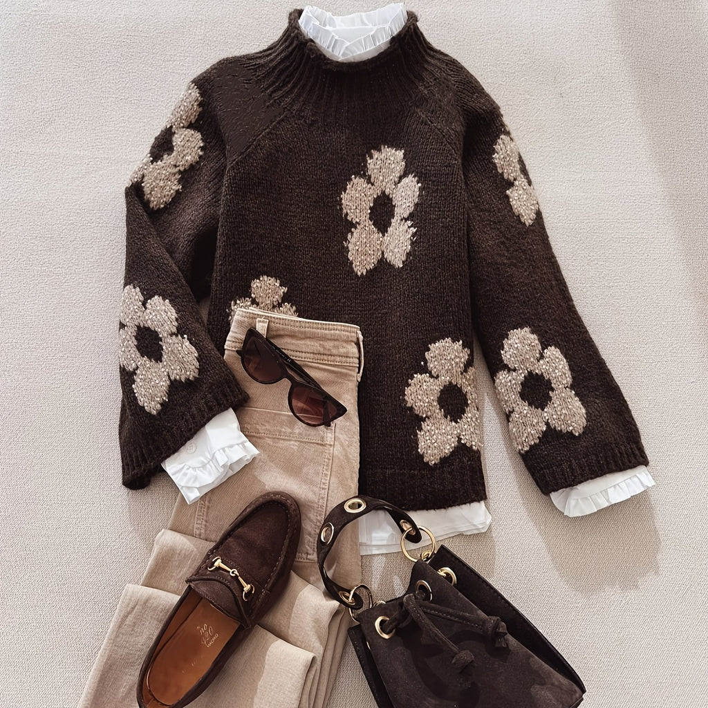 Fashion Flower Pattern Pullover Long Sleeve Sweater Women's Tops Hot Soft Long Sleeve Beautiful Ladies Sweater Everyday Elegant Casual Commuting Premium Warm Material Construction Women's Clothes( of tops only)