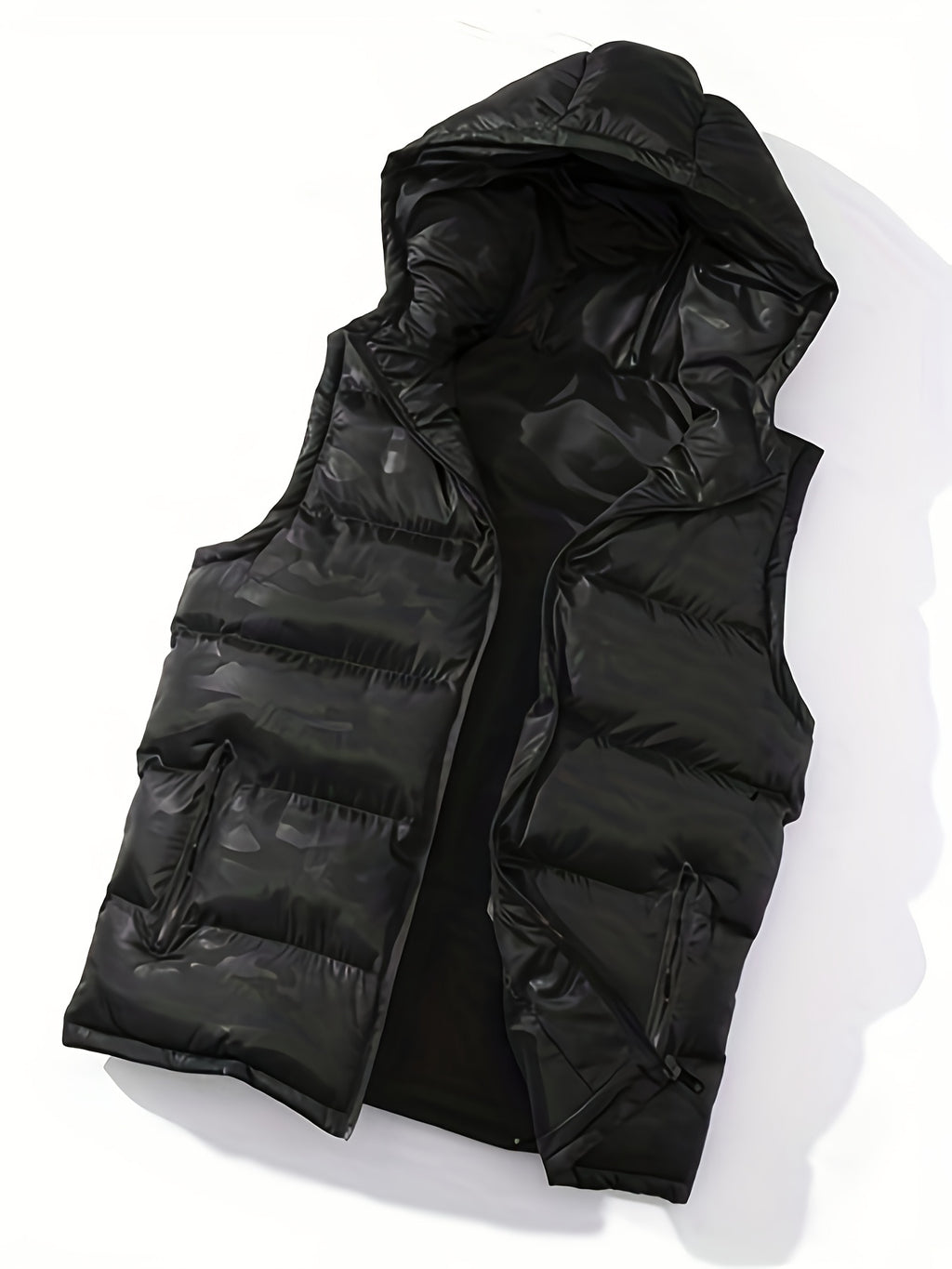 Men'S Plus Size Black Thick Hooded Casual Puffer Vest, Classic Zip Up Sleeveless Padded Outerwear For Winter Men'S Clothes Winter