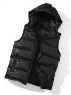 Men'S Plus Size Black Thick Hooded Casual Puffer Vest, Classic Zip Up Sleeveless Padded Outerwear For Winter Men'S Clothes Winter