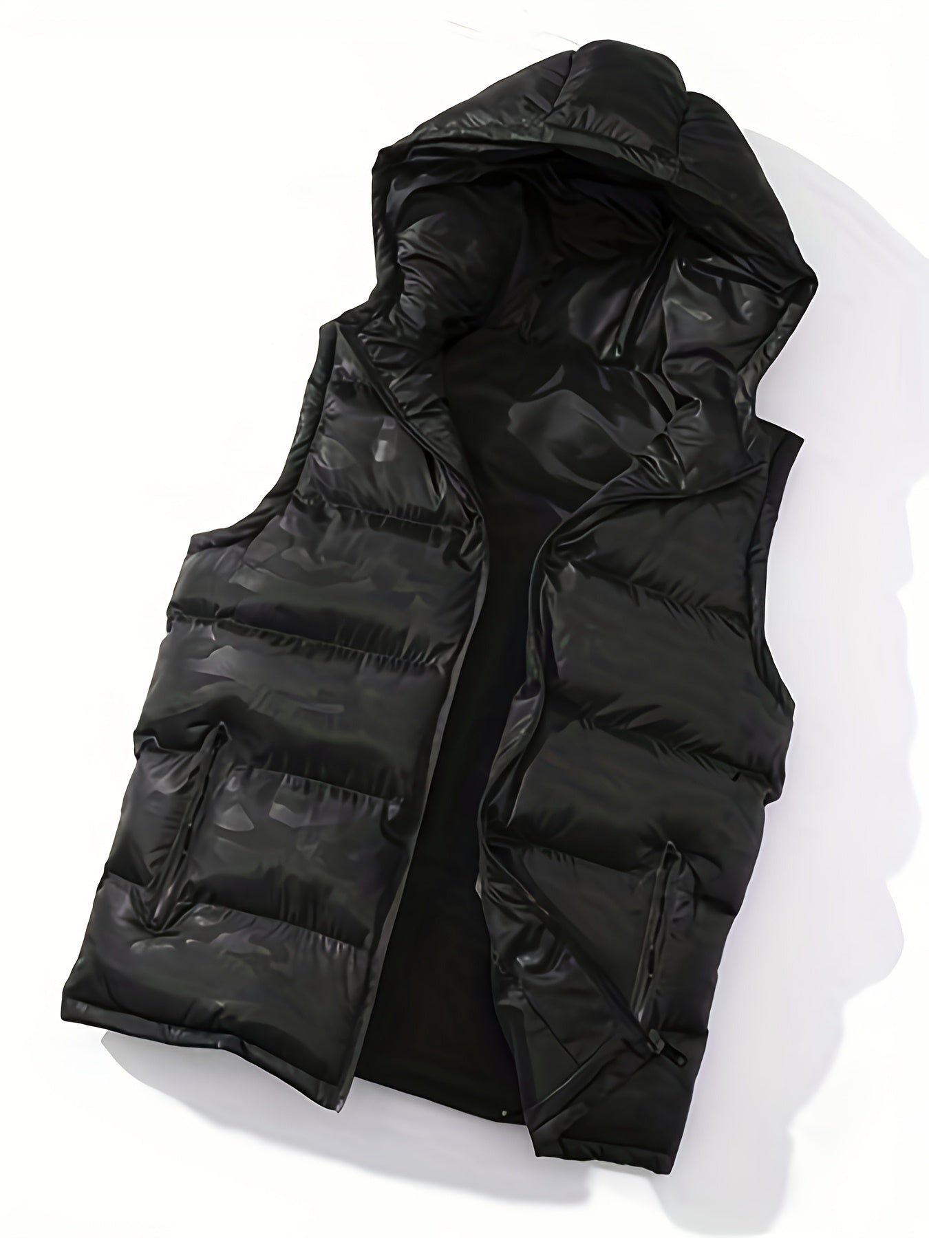 Men'S Plus Size Black Thick Hooded Casual Puffer Vest, Classic Zip Up Sleeveless Padded Outerwear For Winter Men'S Clothes Winter