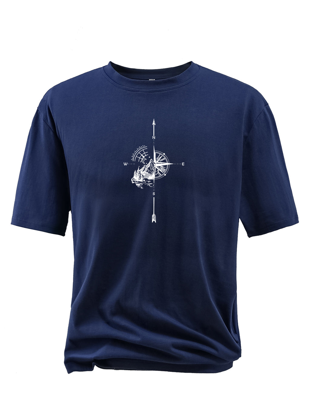Plus Size Compass And Mountain Graphic Print, Men's Crew Neck Short Sleeve T-shirts, Loose Shirts For Outdoor Activities, Men's Clothes