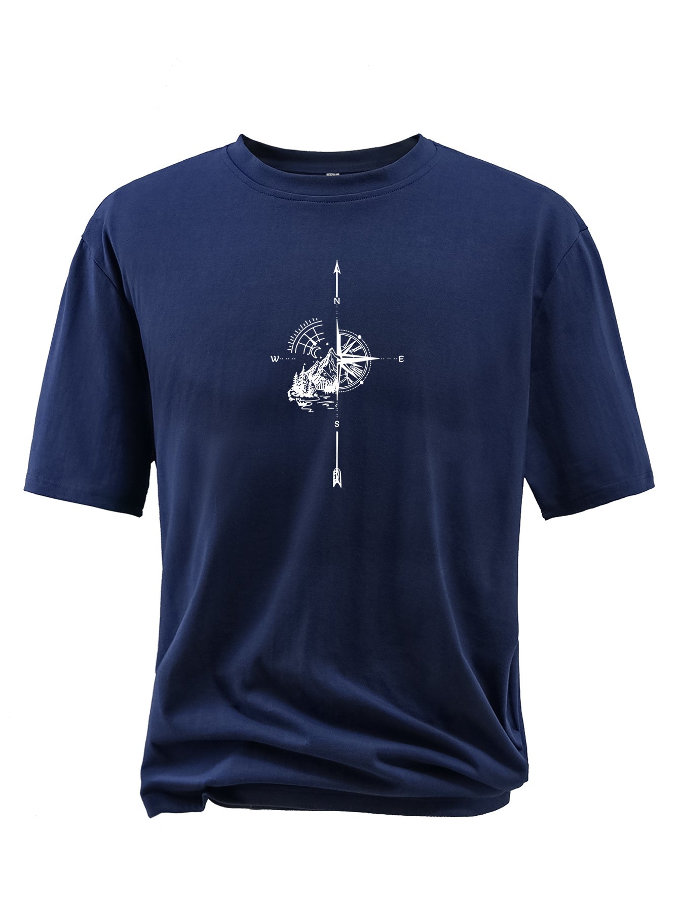 Plus Size Compass And Mountain Graphic Print, Men's Crew Neck Short Sleeve T-shirts, Loose Shirts For Outdoor Activities, Men's Clothes