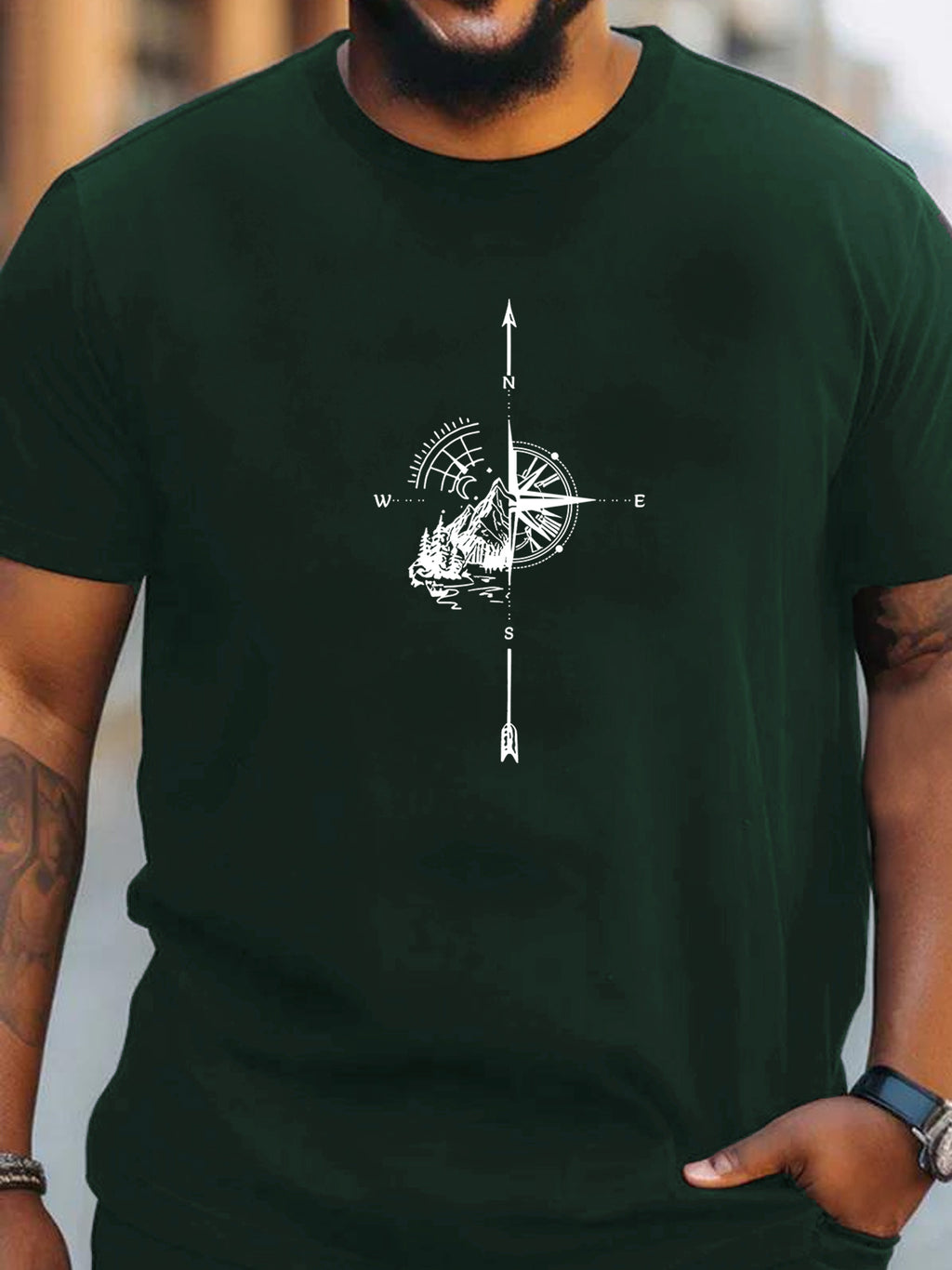 Plus Size Compass And Mountain Graphic Print, Men's Crew Neck Short Sleeve T-shirts, Loose Shirts For Outdoor Activities, Men's Clothes