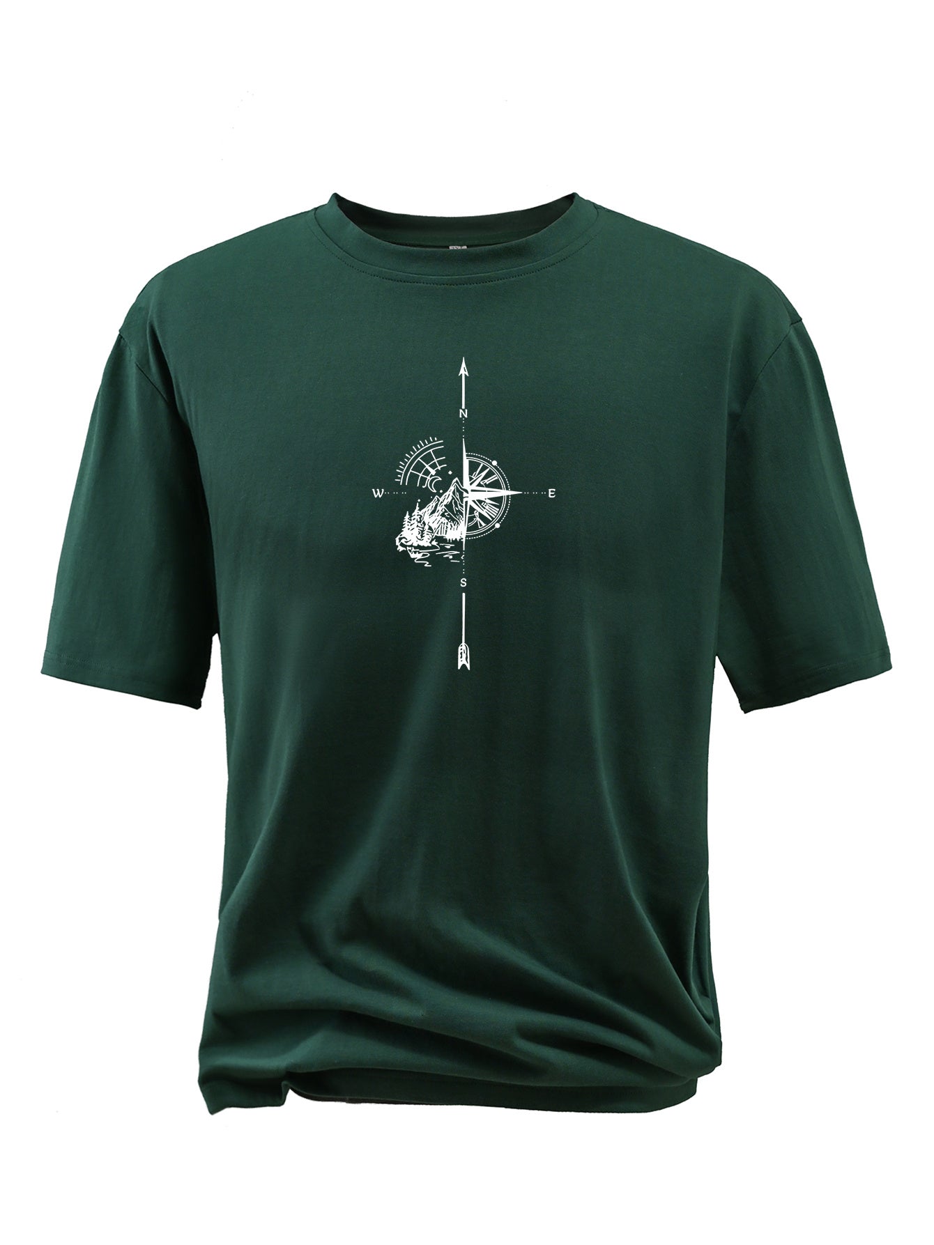 Plus Size Compass And Mountain Graphic Print, Men's Crew Neck Short Sleeve T-shirts, Loose Shirts For Outdoor Activities, Men's Clothes
