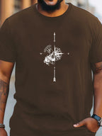 Plus Size Compass And Mountain Graphic Print, Men's Crew Neck Short Sleeve T-shirts, Loose Shirts For Outdoor Activities, Men's Clothes