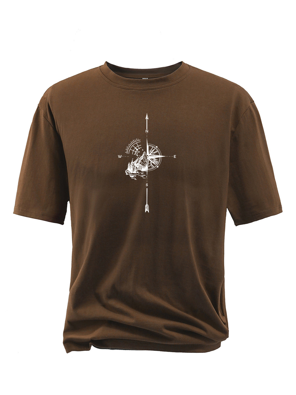 Plus Size Compass And Mountain Graphic Print, Men's Crew Neck Short Sleeve T-shirts, Loose Shirts For Outdoor Activities, Men's Clothes