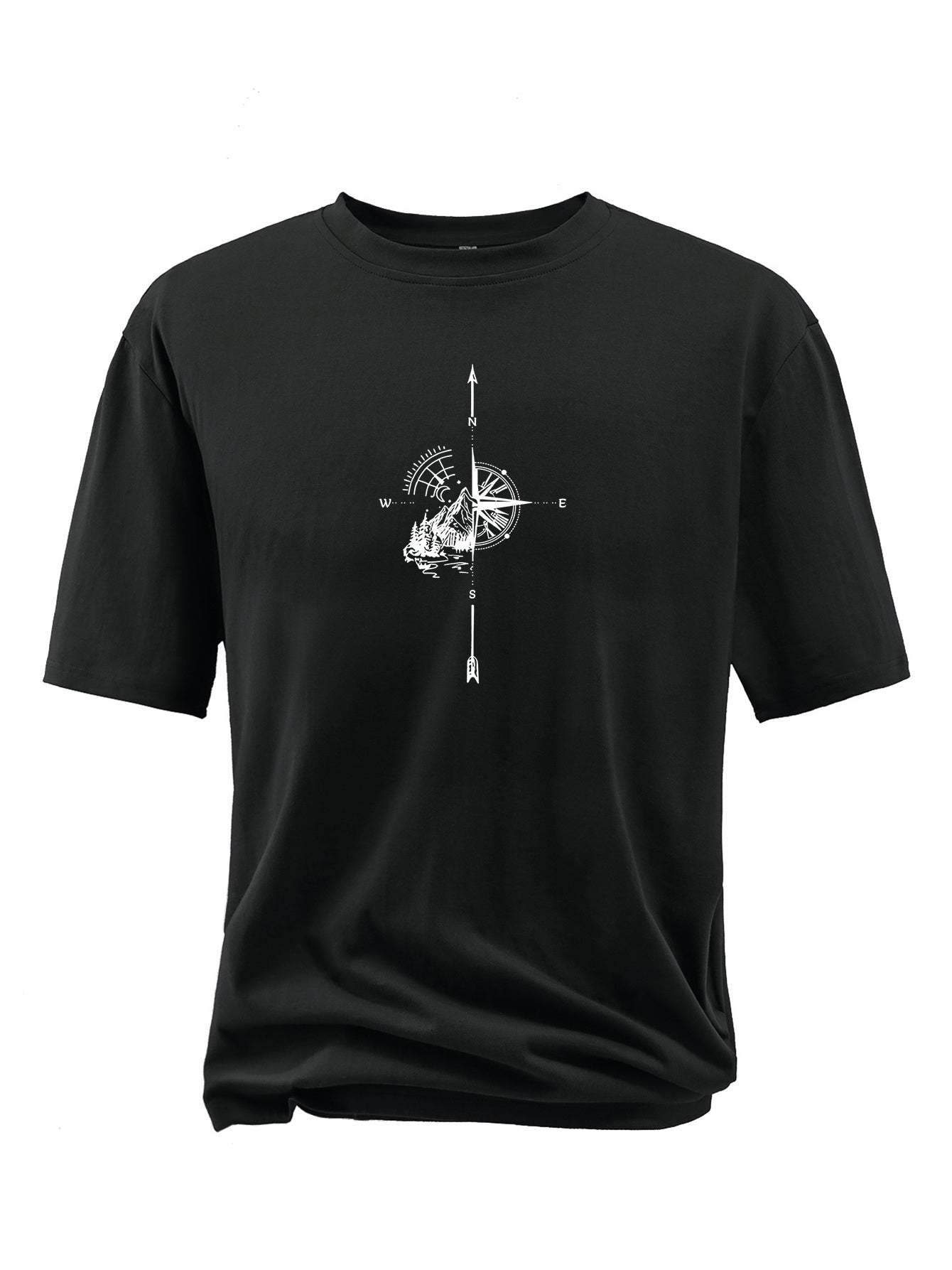 Plus Size Compass And Mountain Graphic Print, Men's Crew Neck Short Sleeve T-shirts, Loose Shirts For Outdoor Activities, Men's Clothes