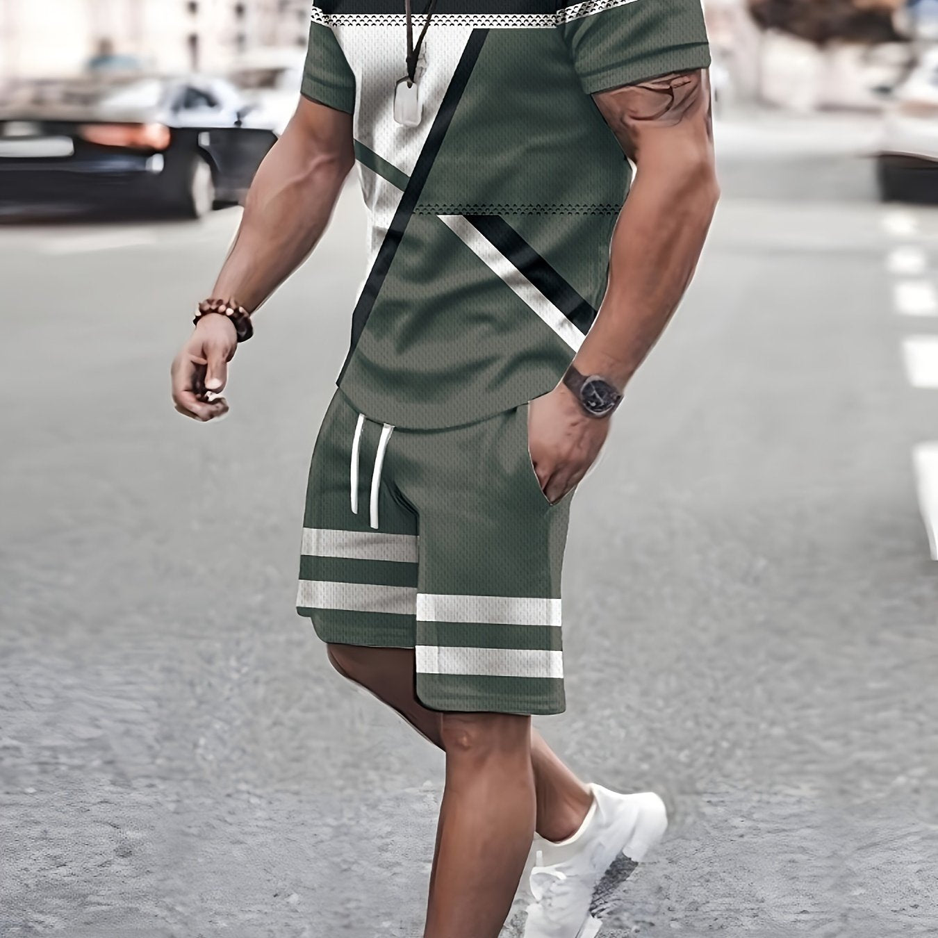 2pcs Geometric Pattern Print Casual co ord set For Men, Stylish T-shirt & Elastic Waist Shorts, Men's Clothes