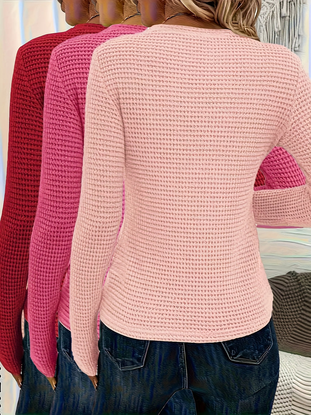 3pcs Women'S Waffle Texture Long Sleeve Crew Neck T-Shirts - Soft, Cozy Fall/Winter Tops in Beige, White & Light Gray, Casual & Stylish for Casual Attire, Casual Wear Tops | Crew Neck Tshirt | Construction, Ladies T Shirts, B