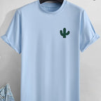 Plus Size Cactus Logo Graphic Print, Men's Crew Neck Short Sleeve T-shirts, Loose Shirts For Outdoor Activities, Men's Clothes For Spring And Summer