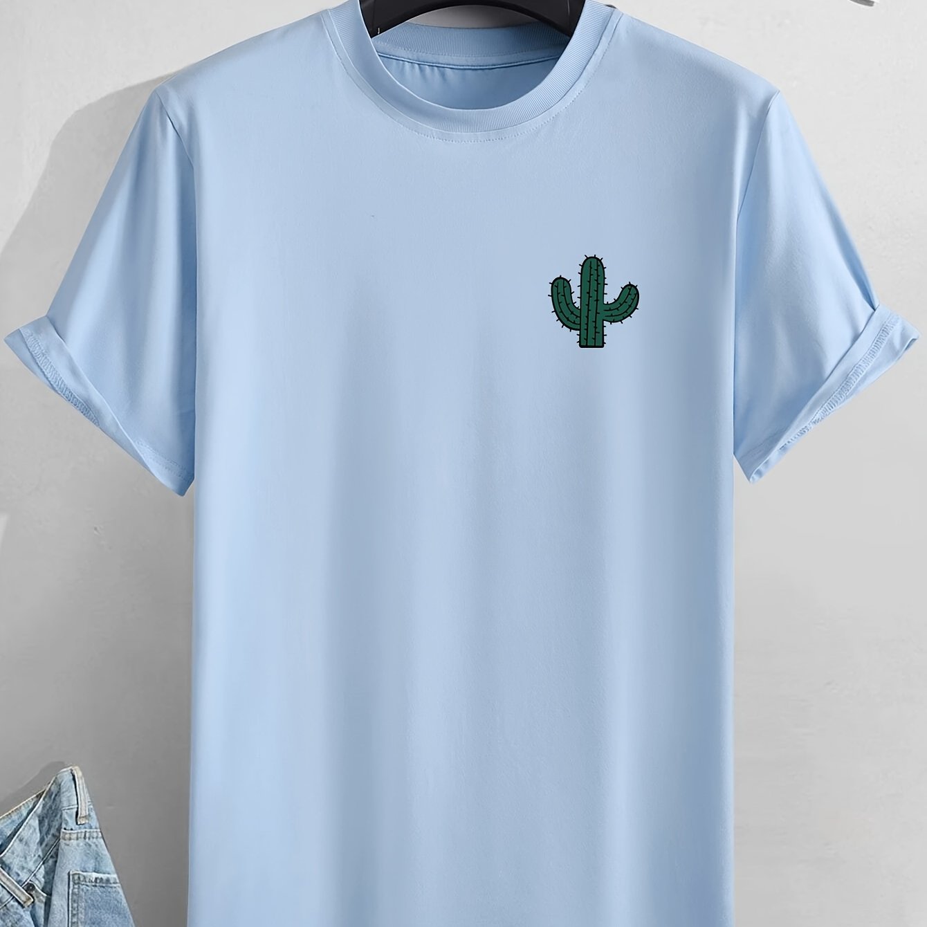 Plus Size Cactus Logo Graphic Print, Men's Crew Neck Short Sleeve T-shirts, Loose Shirts For Outdoor Activities, Men's Clothes For Spring And Summer