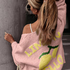 Women'S Lemon Print V-Neck Cardigan - Casual Elegant Fall Winter Sweater with Color Block Design, Soft Warm Pullover for Casual Attire, Versatile Layering Piece, Cozy Clothing | Vneck Sweater | Construction, Sweater Cardigan,