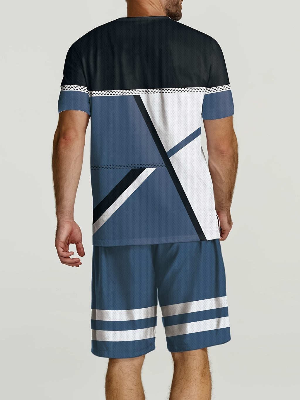 2pcs Geometric Pattern Print Casual co ord set For Men, Stylish T-shirt & Elastic Waist Shorts, Men's Clothes
