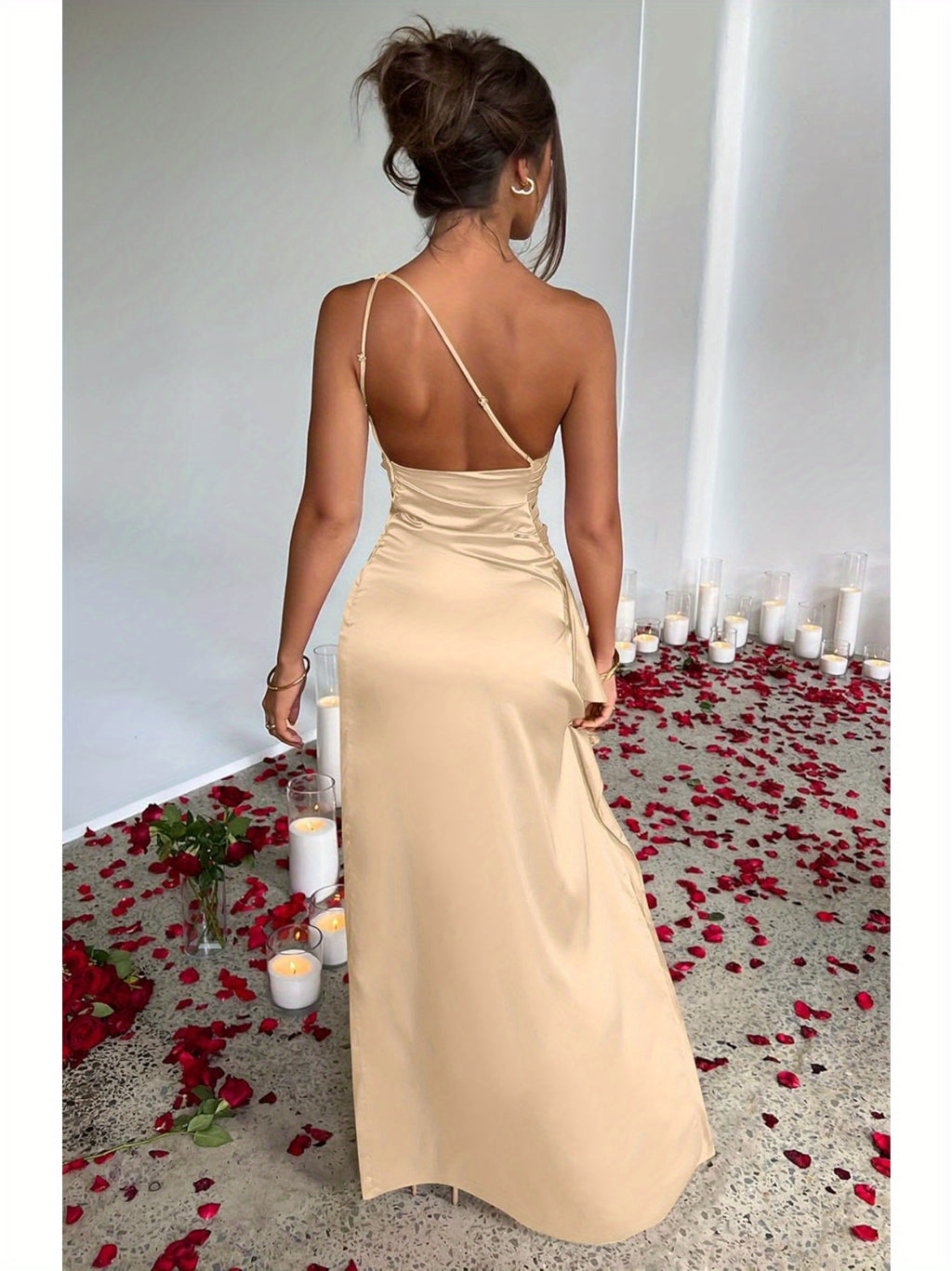 Elegant Ladies Long Dress, Sexy One Shoulder High Split Cocktail Wedding Party Dress, Satin Premium With Texture, Suitable For All Occasions Women'S Clothes