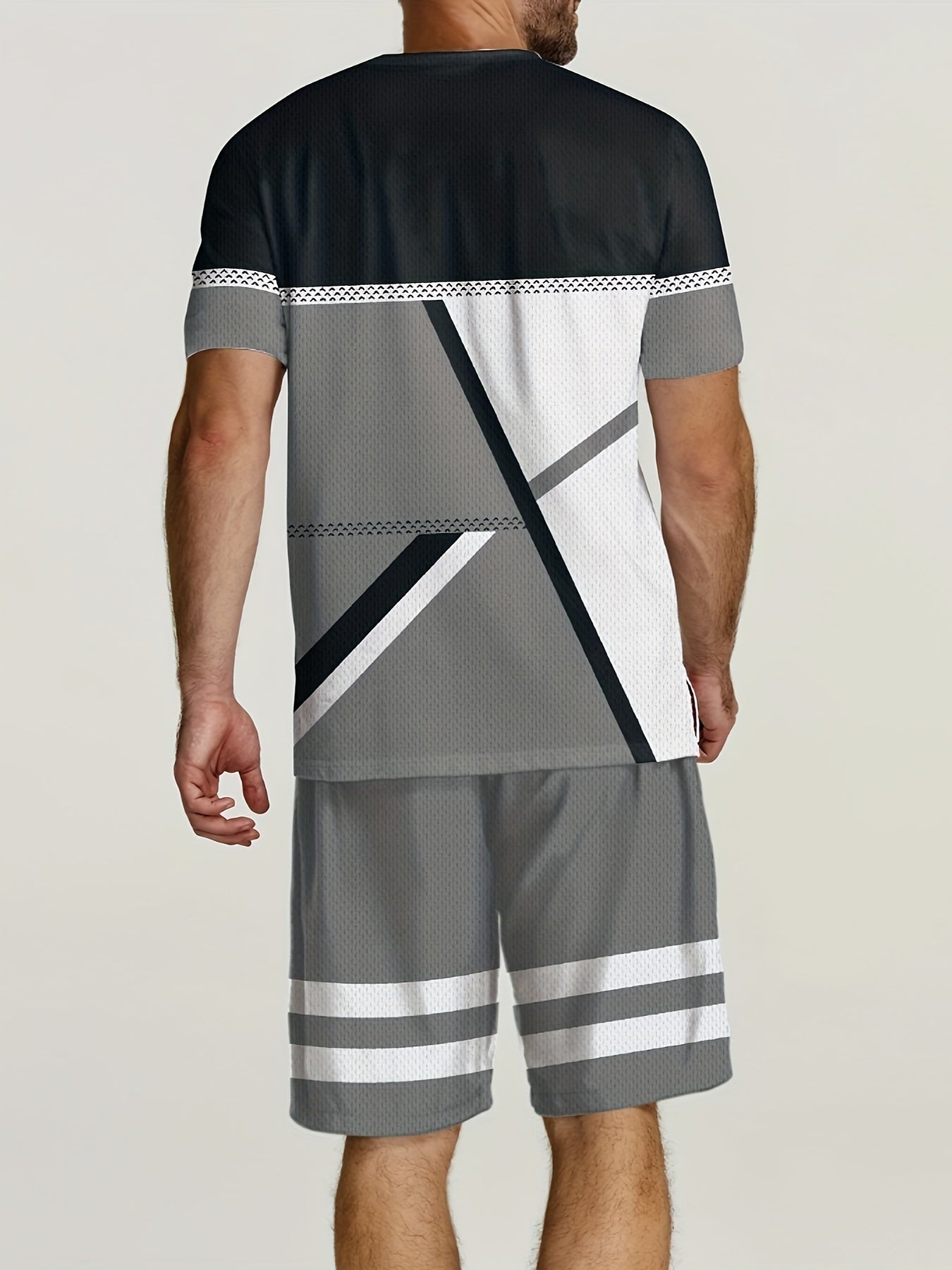 2pcs Geometric Pattern Print Casual co ord set For Men, Stylish T-shirt & Elastic Waist Shorts, Men's Clothes