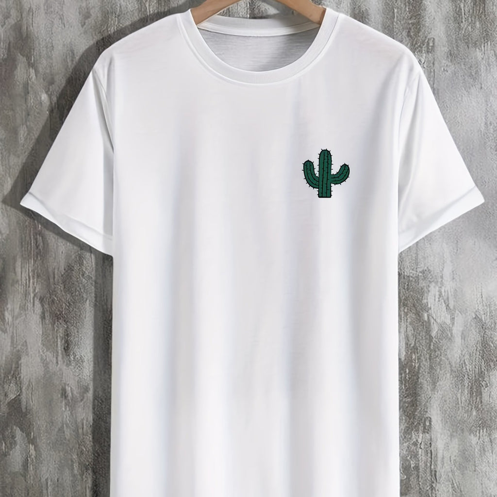 Plus Size Cactus Logo Graphic Print, Men's Crew Neck Short Sleeve T-shirts, Loose Shirts For Outdoor Activities, Men's Clothes For Spring And Summer