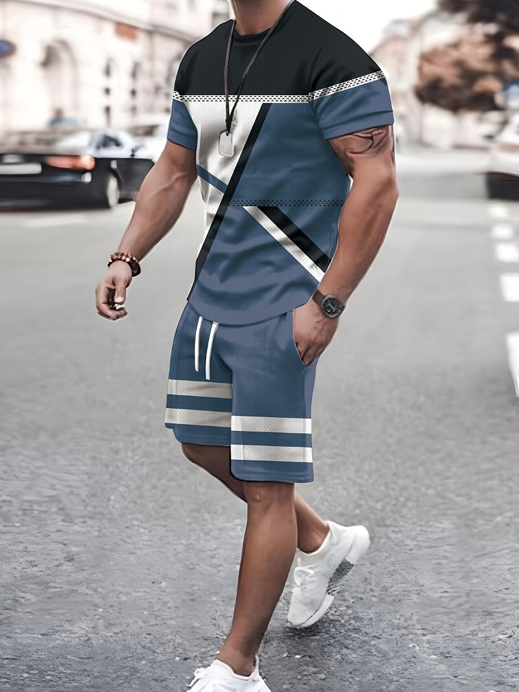 2pcs Geometric Pattern Print Casual co ord set For Men, Stylish T-shirt & Elastic Waist Shorts, Men's Clothes