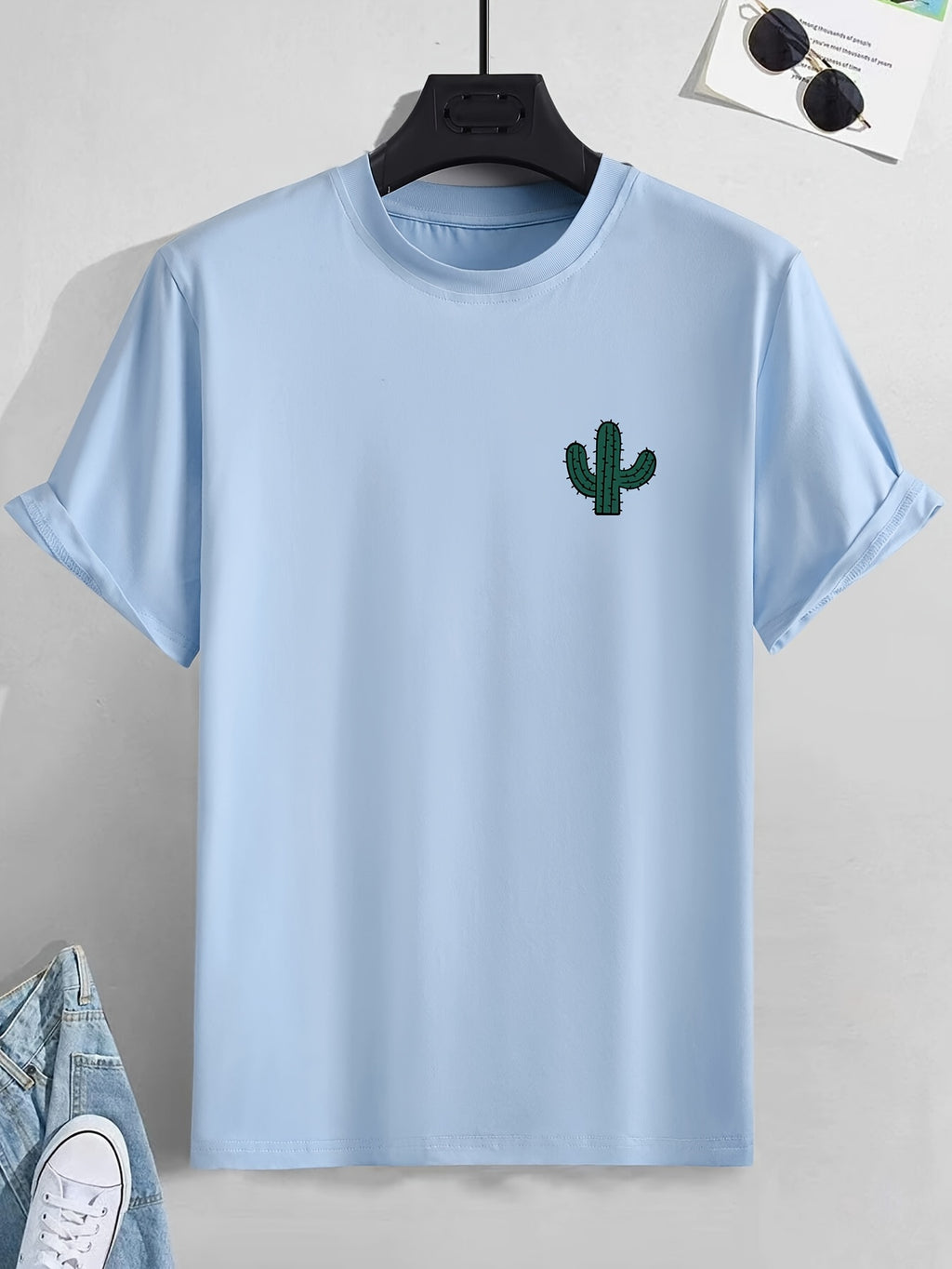 Plus Size Cactus Logo Graphic Print, Men's Crew Neck Short Sleeve T-shirts, Loose Shirts For Outdoor Activities, Men's Clothes For Spring And Summer