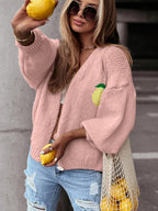 Women'S Lemon Print V-Neck Cardigan - Casual Elegant Fall Winter Sweater with Color Block Design, Soft Warm Pullover for Casual Attire, Versatile Layering Piece, Cozy Clothing | Vneck Sweater | Construction, Sweater Cardigan,