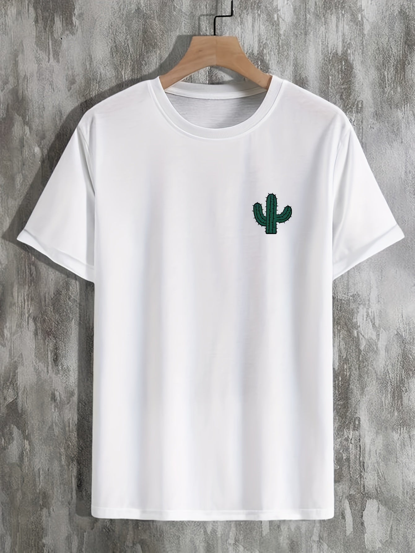 Plus Size Cactus Logo Graphic Print, Men's Crew Neck Short Sleeve T-shirts, Loose Shirts For Outdoor Activities, Men's Clothes For Spring And Summer