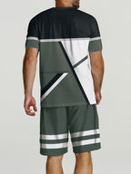 2pcs Geometric Pattern Print Casual co ord set For Men, Stylish T-shirt & Elastic Waist Shorts, Men's Clothes