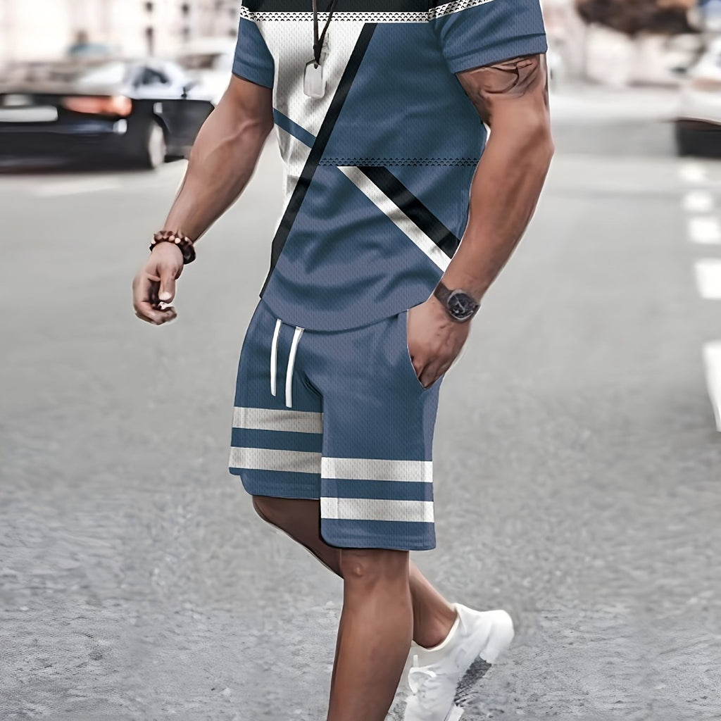 2pcs Geometric Pattern Print Casual co ord set For Men, Stylish T-shirt & Elastic Waist Shorts, Men's Clothes