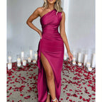 Elegant Ladies Long Dress, Sexy One Shoulder High Split Cocktail Wedding Party Dress, Satin Premium With Texture, Suitable For All Occasions Women'S Clothes