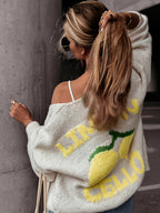 Women'S Lemon Print V-Neck Cardigan - Casual Elegant Fall Winter Sweater with Color Block Design, Soft Warm Pullover for Casual Attire, Versatile Layering Piece, Cozy Clothing | Vneck Sweater | Construction, Sweater Cardigan,