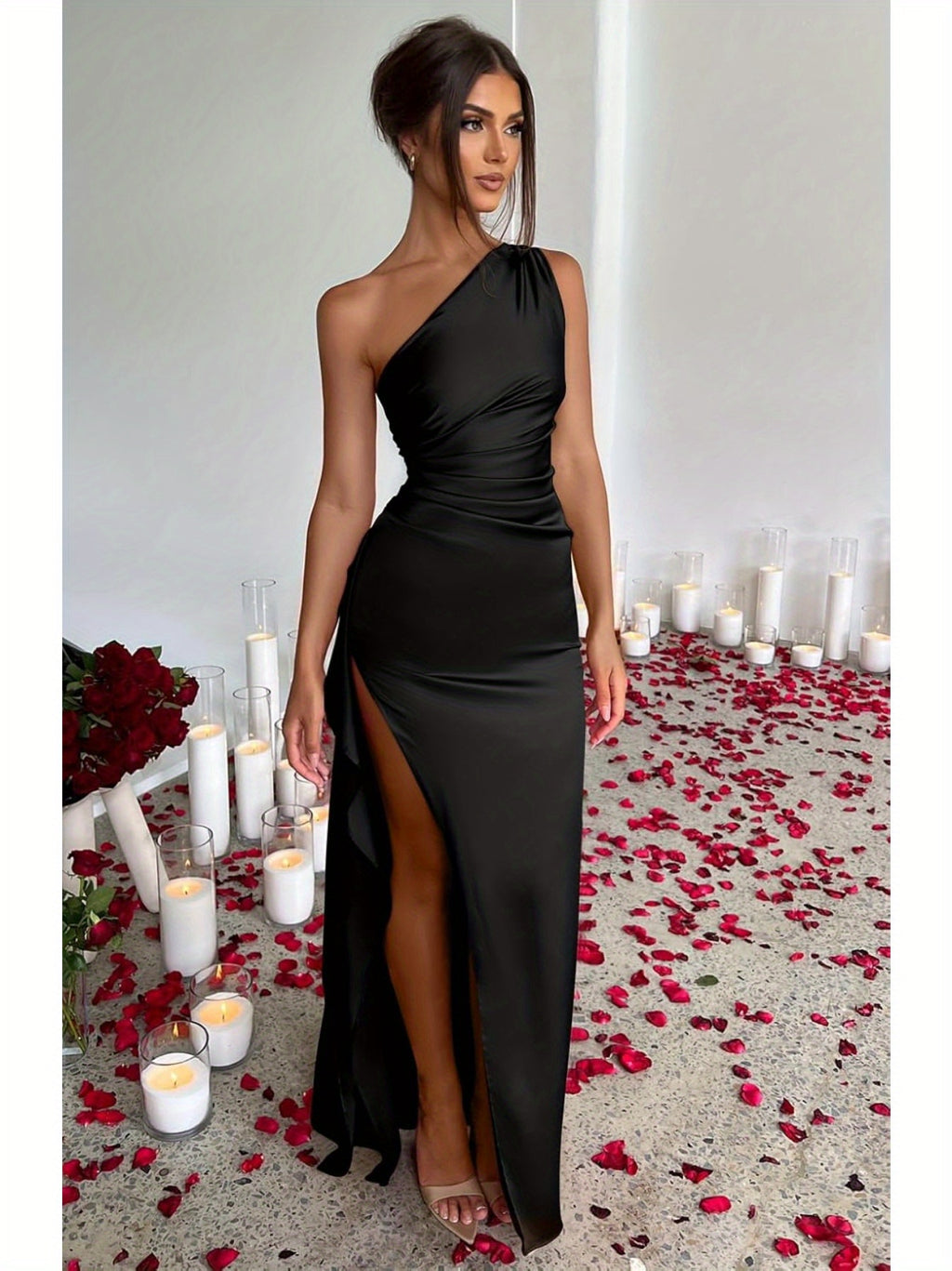 Elegant Ladies Long Dress, Sexy One Shoulder High Split Cocktail Wedding Party Dress, Satin Premium With Texture, Suitable For All Occasions Women'S Clothes