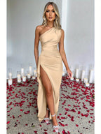Elegant Ladies Long Dress, Sexy One Shoulder High Split Cocktail Wedding Party Dress, Satin Premium With Texture, Suitable For All Occasions Women'S Clothes