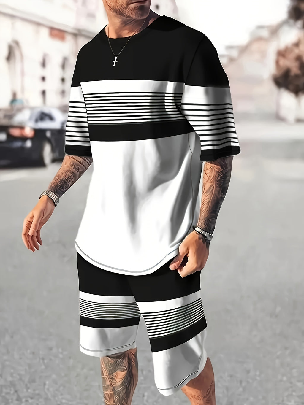 2pcs Men's BELIEVE IN YOURSELF Pattern Color Clash T-shirt & Casual Shorts Set, Men's Clothes For Summer Daily Wear/Holiday/Beach/Party