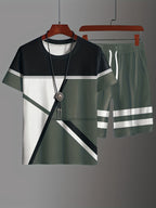 2pcs Geometric Pattern Print Casual co ord set For Men, Stylish T-shirt & Elastic Waist Shorts, Men's Clothes
