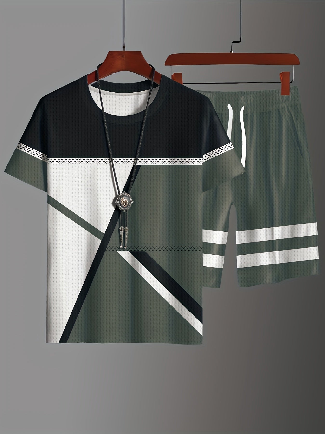 2pcs Geometric Pattern Print Casual co ord set For Men, Stylish T-shirt & Elastic Waist Shorts, Men's Clothes