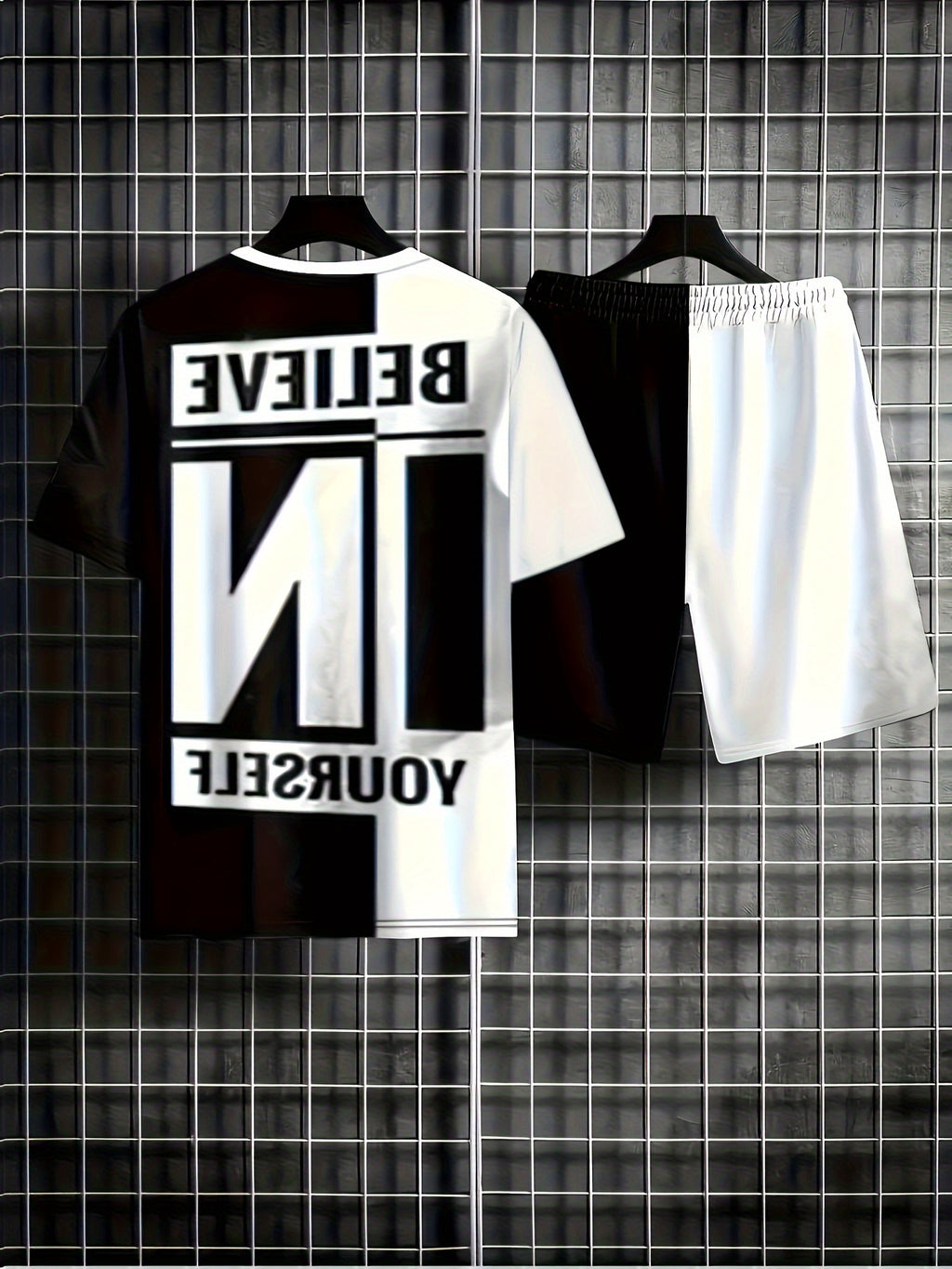 2pcs Men's BELIEVE IN YOURSELF Pattern Color Clash T-shirt & Casual Shorts Set, Men's Clothes For Summer Daily Wear/Holiday/Beach/Party