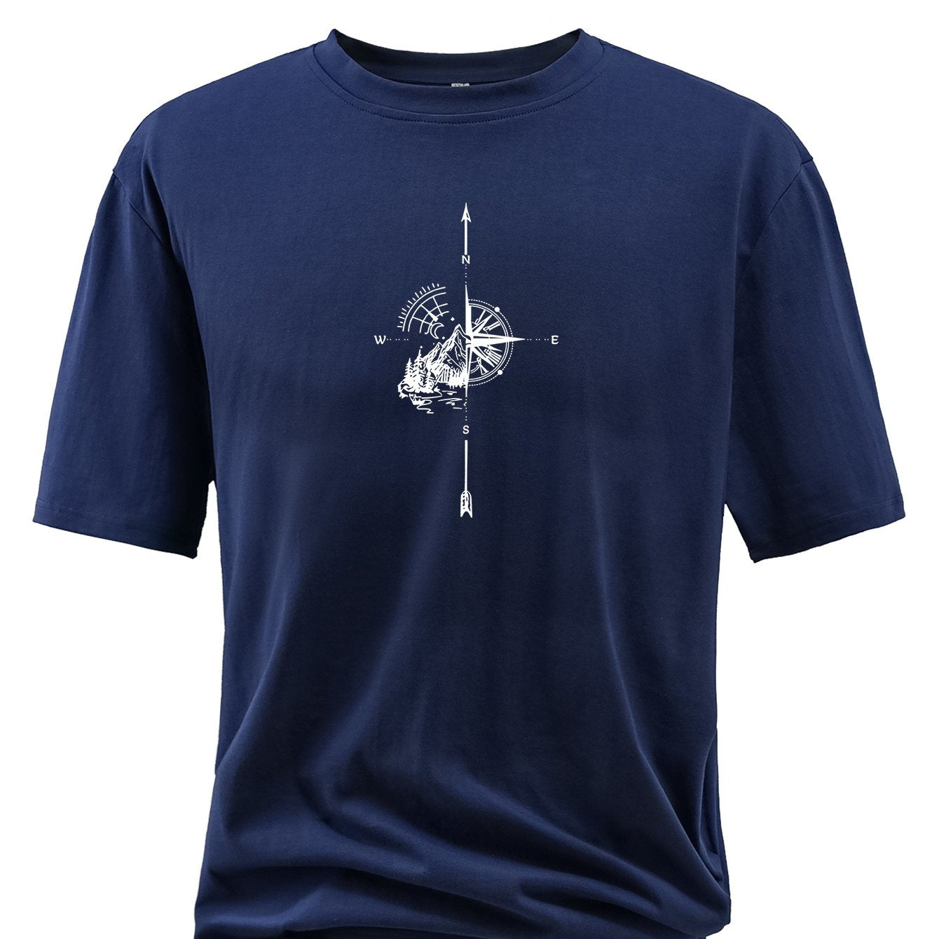 Plus Size Compass And Mountain Graphic Print, Men's Crew Neck Short Sleeve T-shirts, Loose Shirts For Outdoor Activities, Men's Clothes