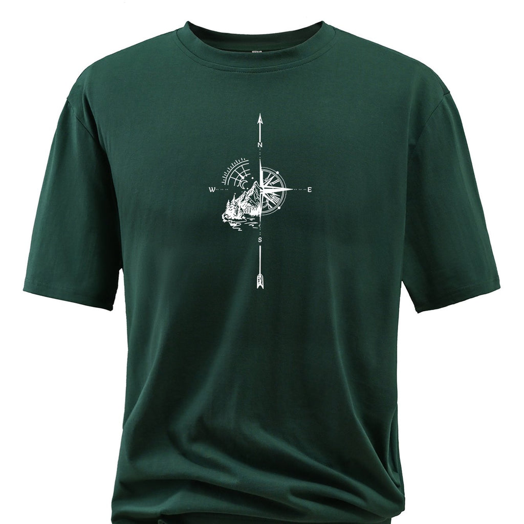 Plus Size Compass And Mountain Graphic Print, Men's Crew Neck Short Sleeve T-shirts, Loose Shirts For Outdoor Activities, Men's Clothes