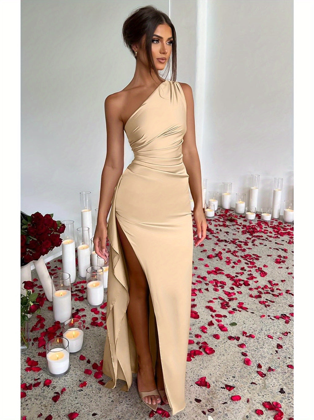 Elegant Ladies Long Dress, Sexy One Shoulder High Split Cocktail Wedding Party Dress, Satin Premium With Texture, Suitable For All Occasions Women'S Clothes