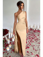 Elegant Ladies Long Dress, Sexy One Shoulder High Split Cocktail Wedding Party Dress, Satin Premium With Texture, Suitable For All Occasions Women'S Clothes