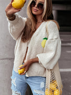 Women'S Lemon Print V-Neck Cardigan - Casual Elegant Fall Winter Sweater with Color Block Design, Soft Warm Pullover for Casual Attire, Versatile Layering Piece, Cozy Clothing | Vneck Sweater | Construction, Sweater Cardigan,