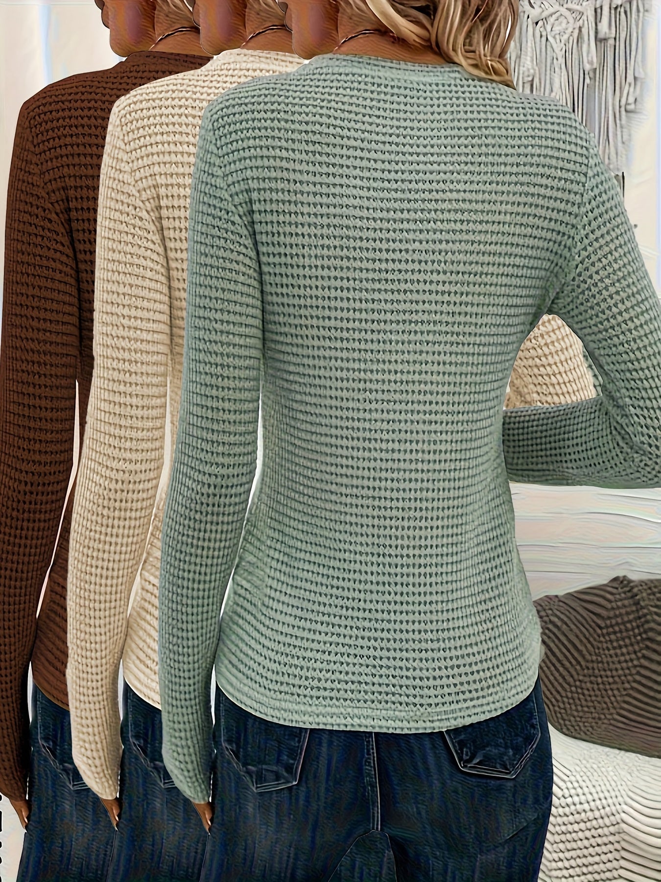 3pcs Women'S Waffle Texture Long Sleeve Crew Neck T-Shirts - Soft, Cozy Fall/Winter Tops in Beige, White & Light Gray, Casual & Stylish for Casual Attire, Casual Wear Tops | Crew Neck Tshirt | Construction, Ladies T Shirts, B