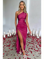 Elegant Ladies Long Dress, Sexy One Shoulder High Split Cocktail Wedding Party Dress, Satin Premium With Texture, Suitable For All Occasions Women'S Clothes
