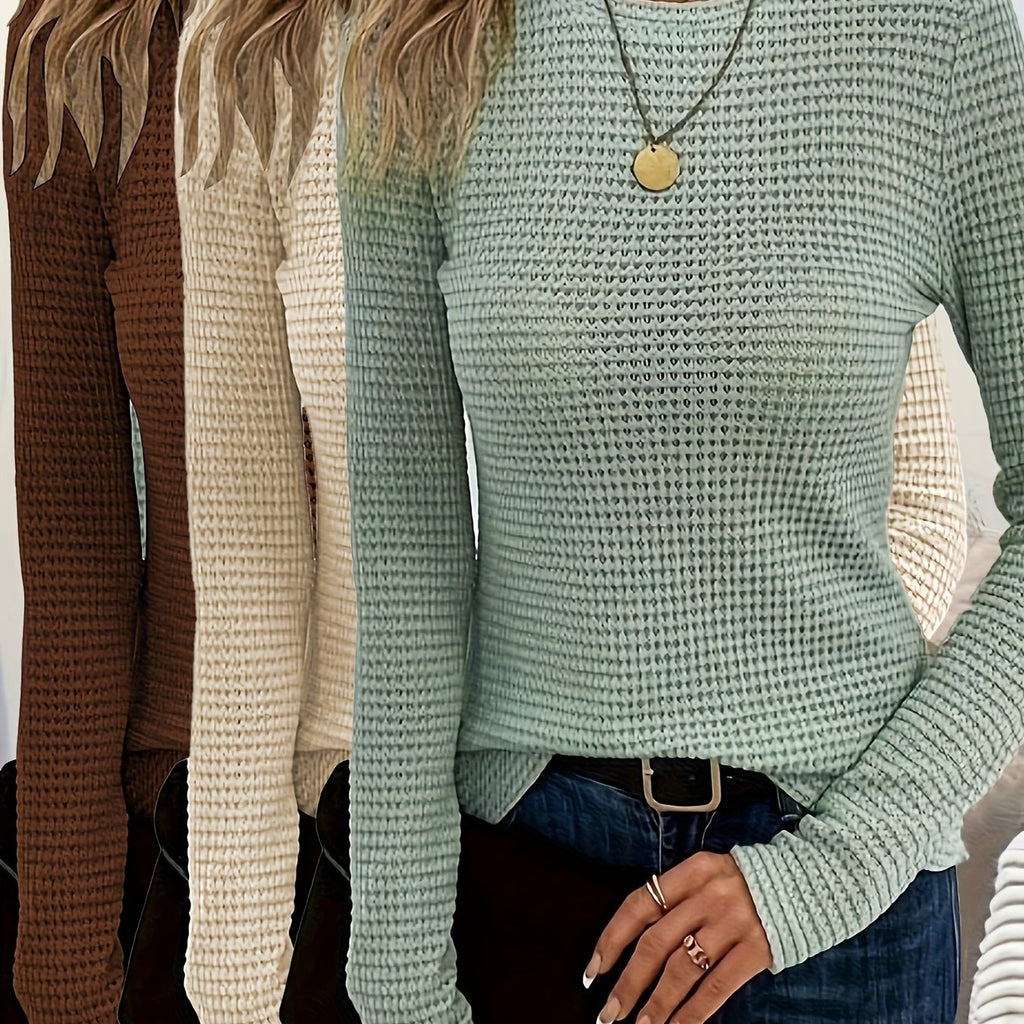3pcs Women'S Waffle Texture Long Sleeve Crew Neck T-Shirts - Soft, Cozy Fall/Winter Tops in Beige, White & Light Gray, Casual & Stylish for Casual Attire, Casual Wear Tops | Crew Neck Tshirt | Construction, Ladies T Shirts, B