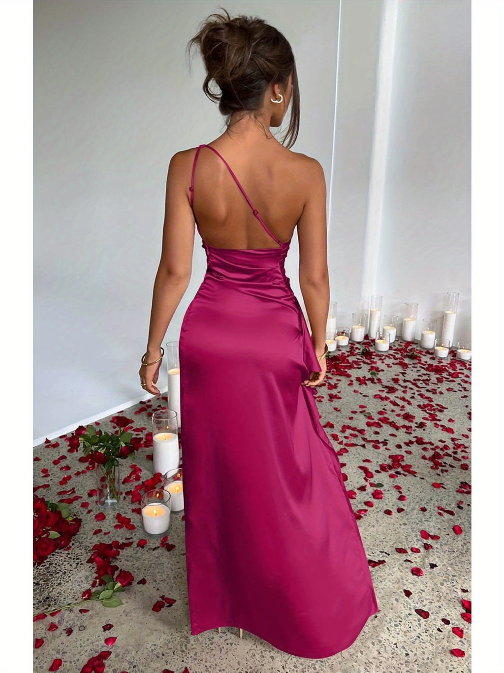 Elegant Ladies Long Dress, Sexy One Shoulder High Split Cocktail Wedding Party Dress, Satin Premium With Texture, Suitable For All Occasions Women'S Clothes