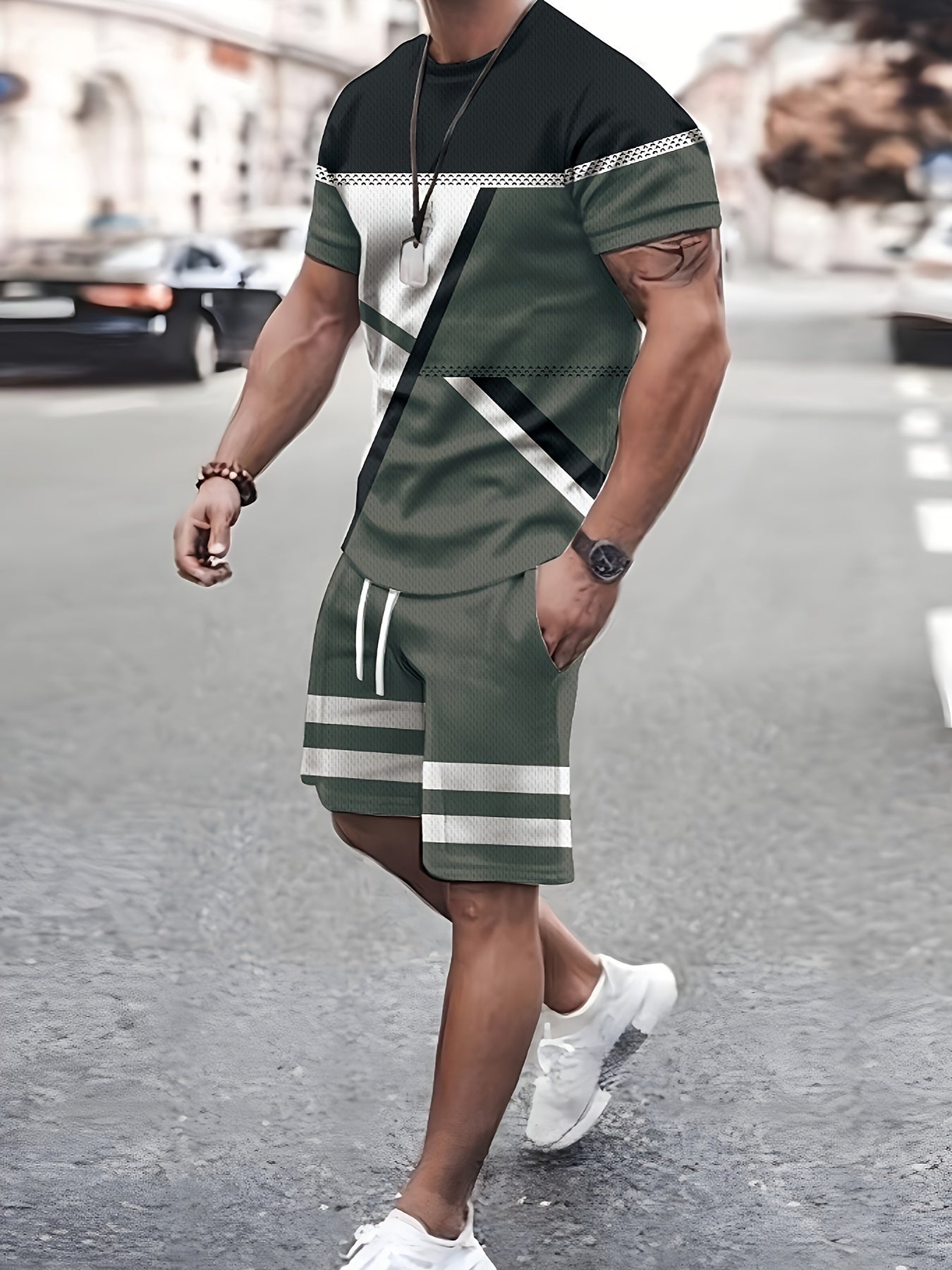 2pcs Geometric Pattern Print Casual co ord set For Men, Stylish T-shirt & Elastic Waist Shorts, Men's Clothes