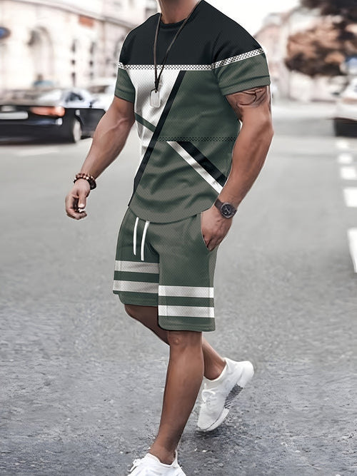 2pcs Geometric Pattern Print Casual co ord set For Men, Stylish T-shirt & Elastic Waist Shorts, Men's Clothes