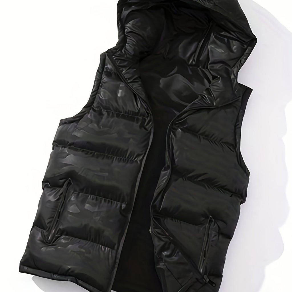 Men'S Plus Size Black Thick Hooded Casual Puffer Vest, Classic Zip Up Sleeveless Padded Outerwear For Winter Men'S Clothes Winter