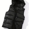 Men'S Plus Size Black Thick Hooded Casual Puffer Vest, Classic Zip Up Sleeveless Padded Outerwear For Winter Men'S Clothes Winter