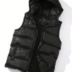 Men'S Plus Size Black Thick Hooded Casual Puffer Vest, Classic Zip Up Sleeveless Padded Outerwear For Winter Men'S Clothes Winter