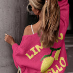 Women'S Lemon Print V-Neck Cardigan - Casual Elegant Fall Winter Sweater with Color Block Design, Soft Warm Pullover for Casual Attire, Versatile Layering Piece, Cozy Clothing | Vneck Sweater | Construction, Sweater Cardigan,